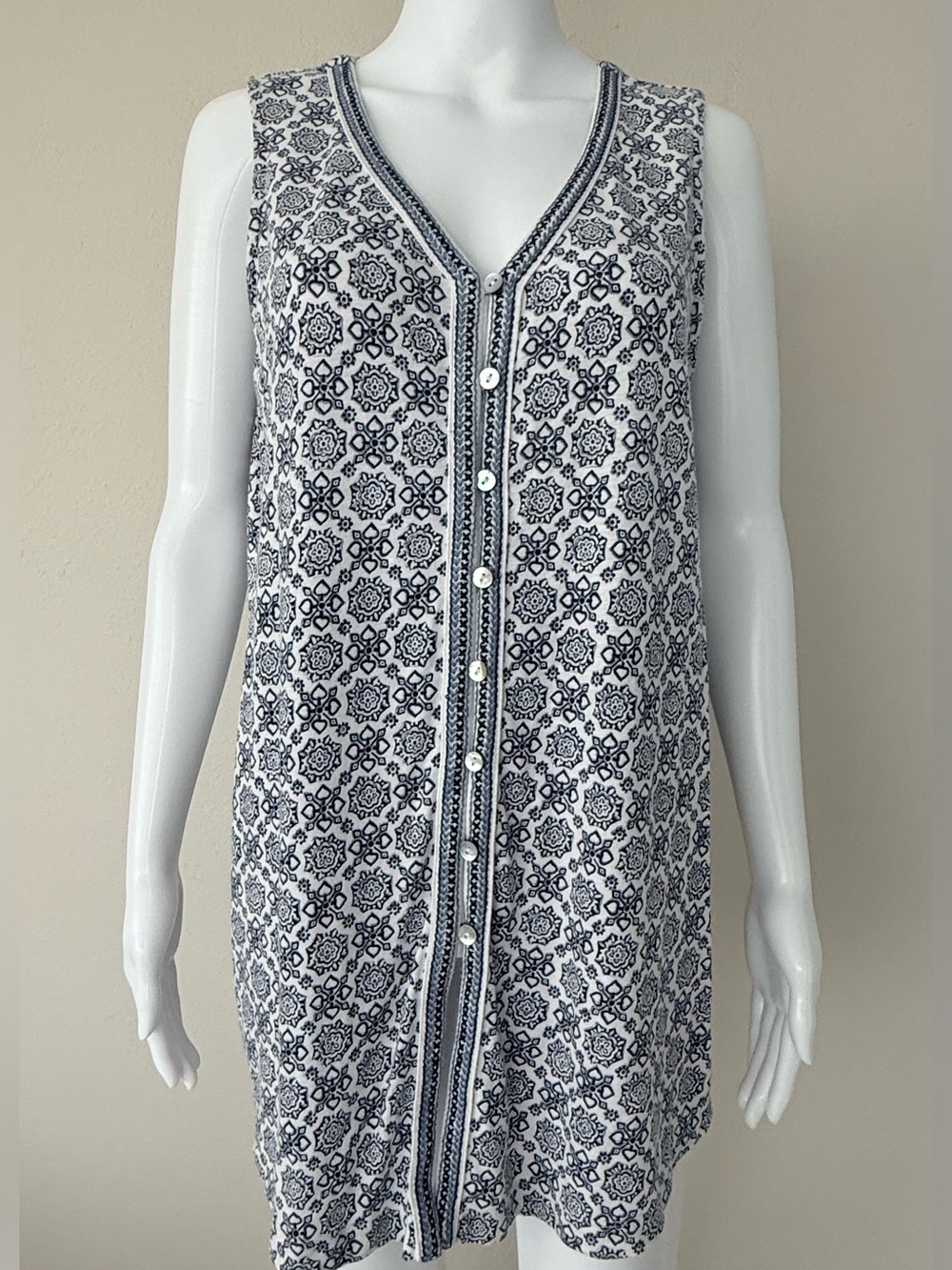 J.Jill Navy and White Button-Front Tunic Top
